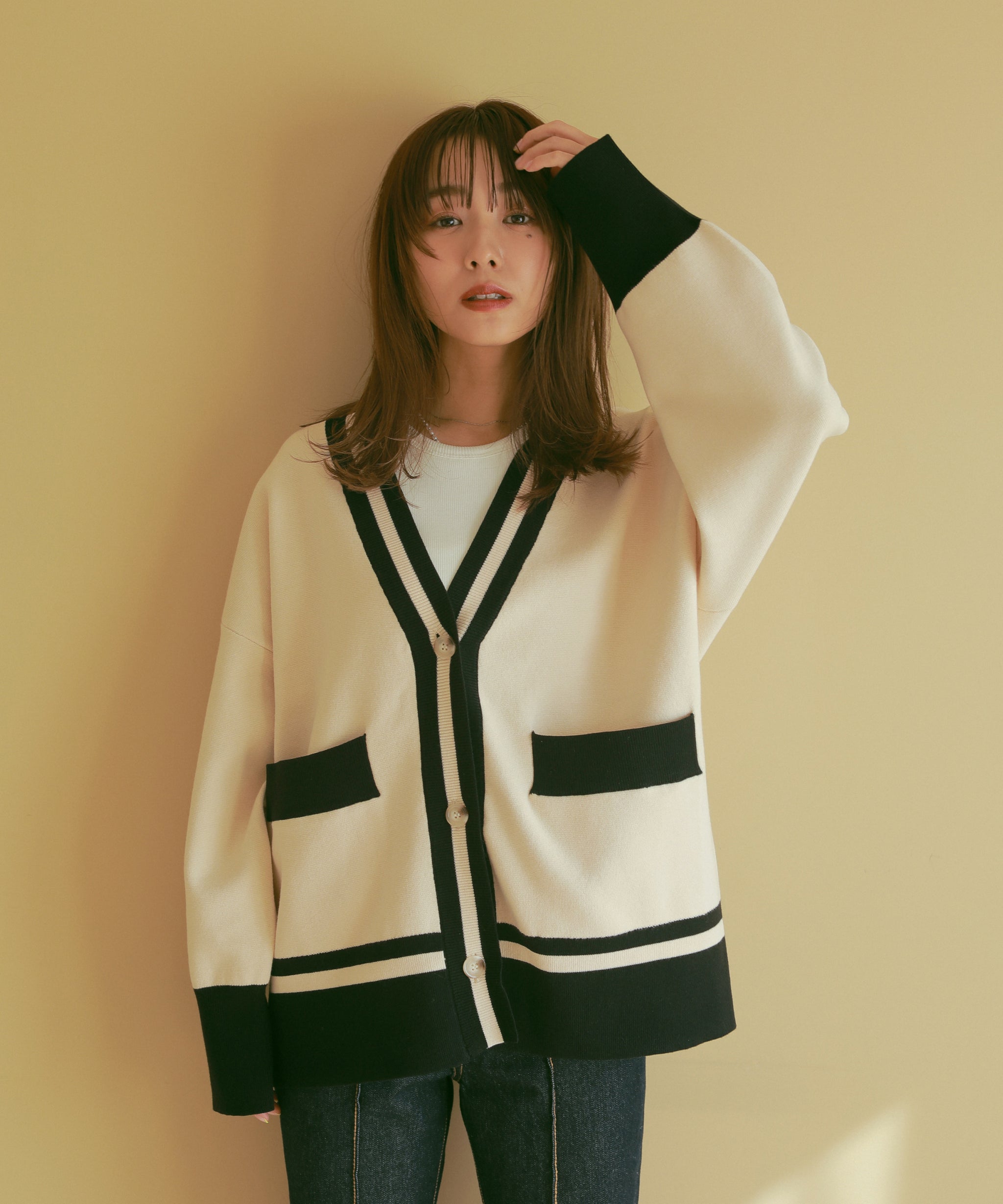ネット完売エイミーカーディガン羽織　バイカラー セール】 【アンサンブル対応】バイカラーニット カーディガン